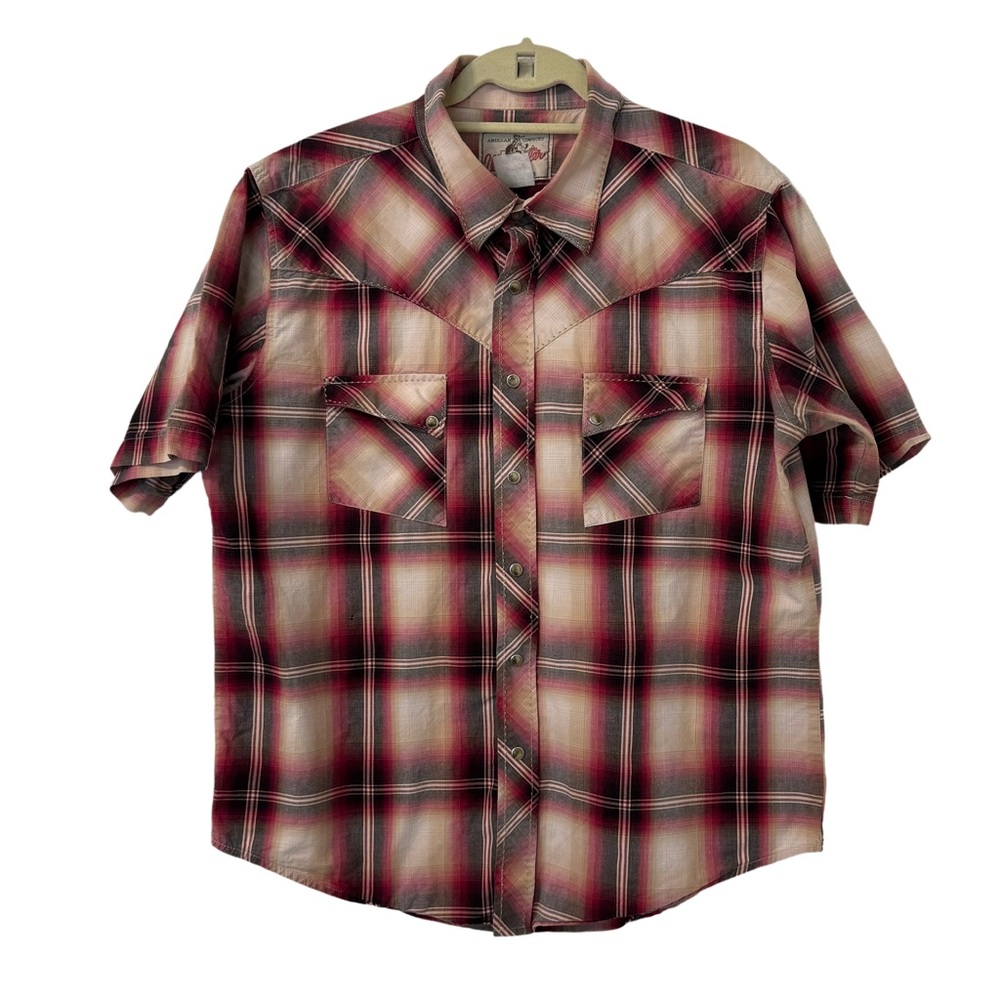 Wrangler Western Men's Pearl Snap Shirt Size XL Red Plaid Short Sleeve Pockets